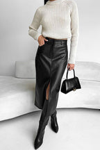 Slit Front Faux Leather Midi Skirt