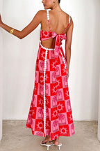 Ric Rac Trim Bow Back Palm Soleil Print Maxi Cami Dress
