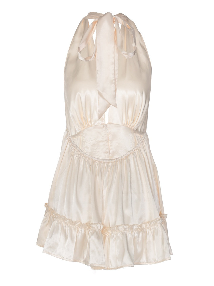 Deep V-neck Backless Fitted Satin Halter Neck Short Dress