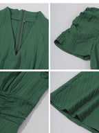 Pleated Waist Short Sleeve Maxi Dresses