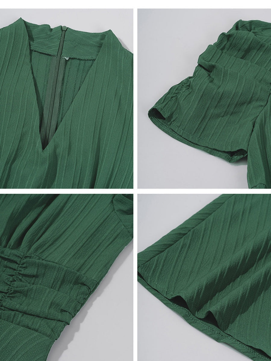 Pleated Waist Short Sleeve Maxi Dresses