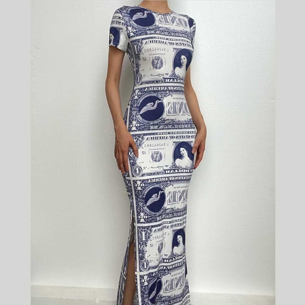 Print crewneck short sleeve slit midi dress