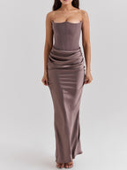 Satin Belted Strapless Off-the-shoulder Fishbone Pleated Long Bodycon Dress