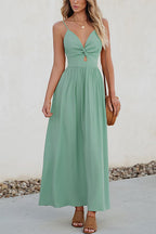 Twist V Neck Tie Back Cut Out Swing Maxi Cami Dress