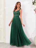 V-neck Embroidery Sequins Elegant Gauze Formal Dress Maxi Dresses