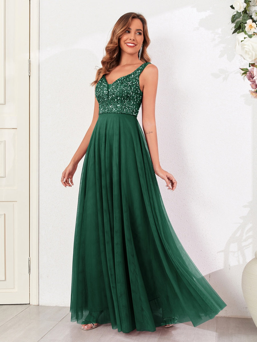V-neck Embroidery Sequins Elegant Gauze Formal Dress Maxi Dresses