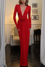 Deep V Neck Rose Applique Maxi Evening Dress