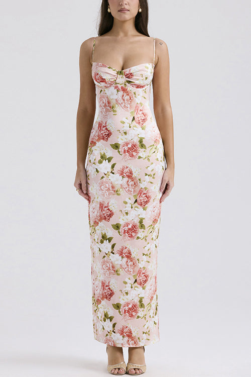 Floral Print Back Slit Bustier Maxi Sling Dress