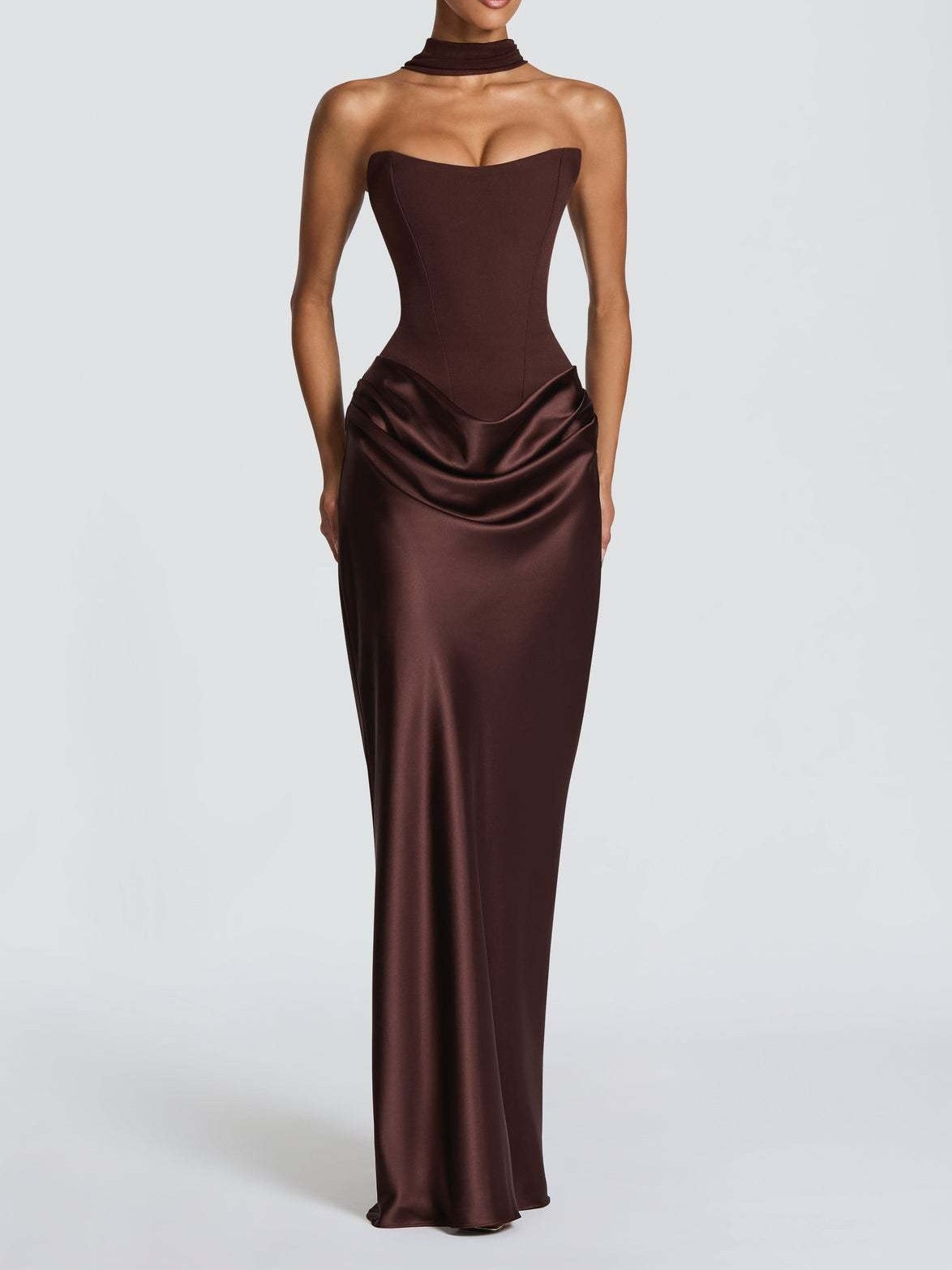 Satin Tie Ribbon Off-shoulder Sexy Strapless Bodycon Maxi Dress With Cinched Waist