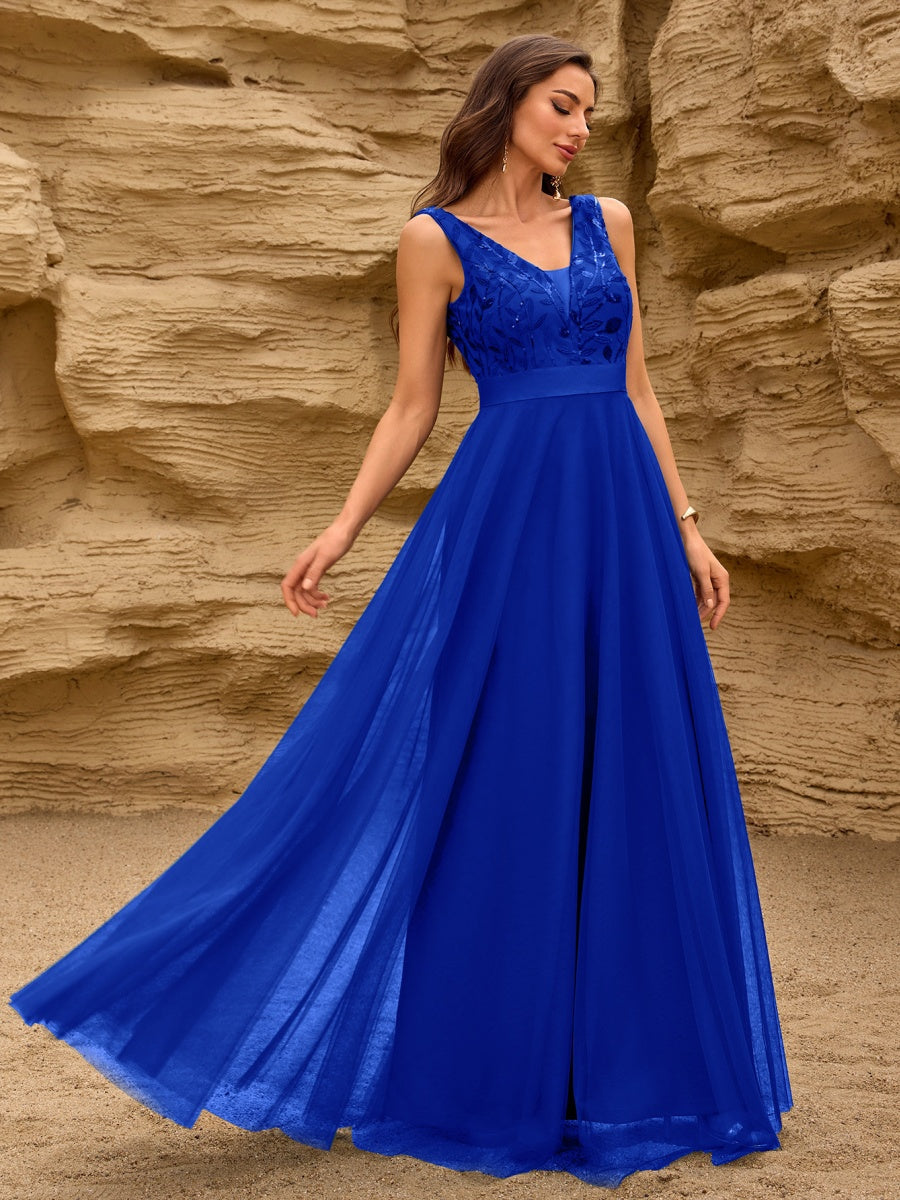 V-neck Embroidery Sequins Elegant Gauze Formal Dress Maxi Dresses