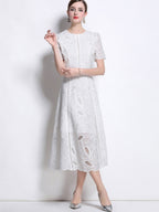 Retro Heavy-duty Hollowed-out Embroidered Round Neck Waist-cinching Short-sleeved Dress