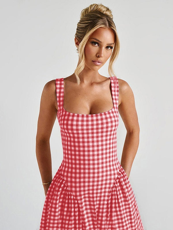 Plaid Print, Fitted Waist, Sexy Backless Halter Maxi Dress