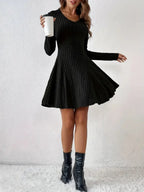 Pit Strip Knitting V-neck Long Sleeve Long Skirt Mini&Short Dresses