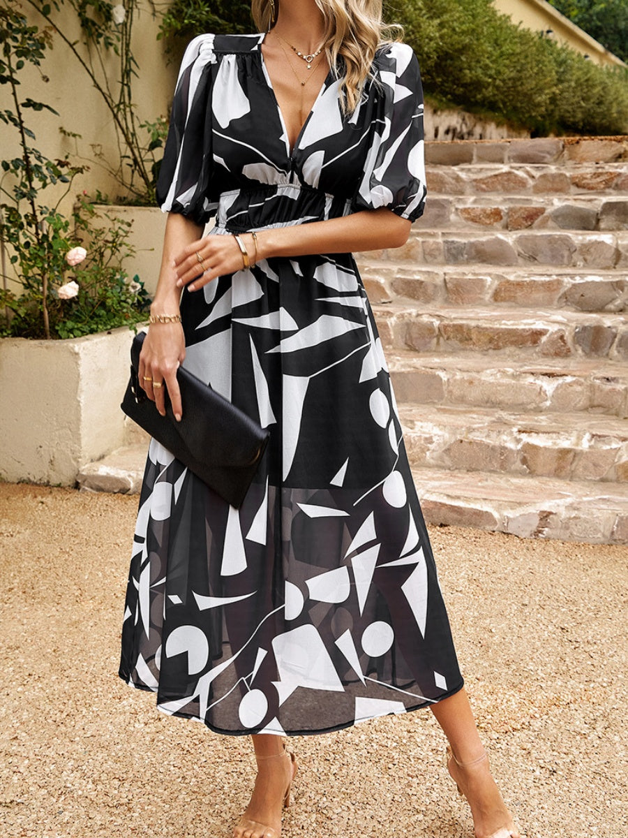 Waist-cinching Deep V-neck Floral Print Maxi Dresses