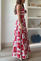 One Shoulder Ric Rac Trim Unique Print Maxi Cami Dress