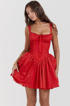 Lace Trim Corset Bustier Basque Waist Flared Mini Dress