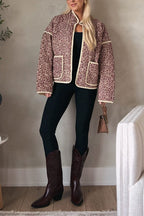 Stand Collar Open Front Floral Print Quilted Coat