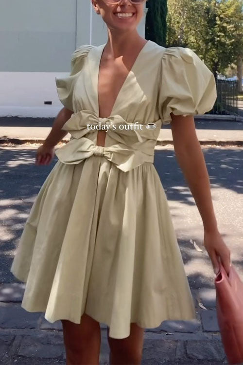 Deep V Neck Puff Sleeves Bow Knot Swing Dress