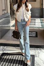 Button Up Pocketed Cropped Bomber Jacket