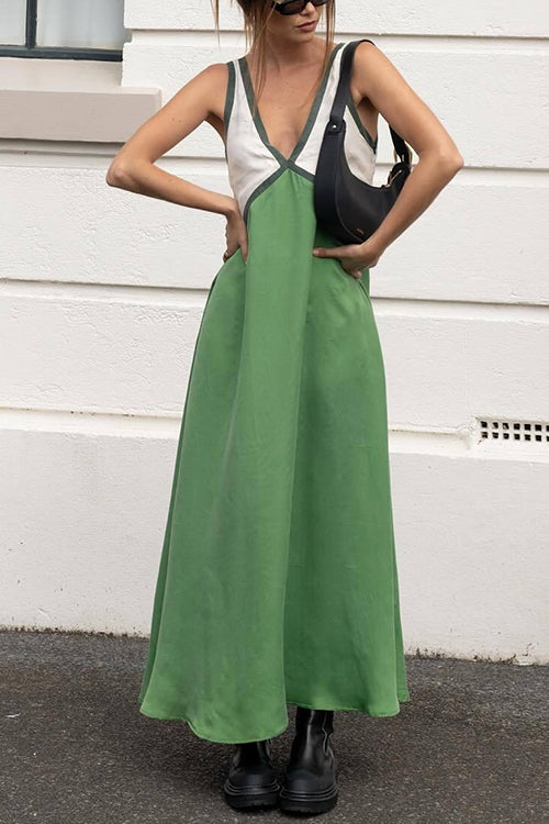 V Neck Color Block Sleeveless Maxi Swing Dress