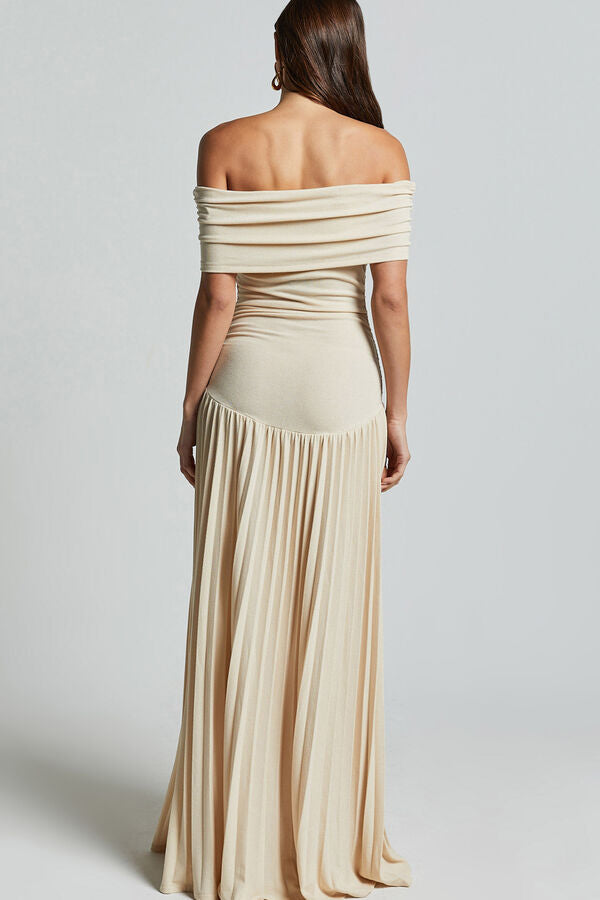 Off Shoulder Dropped Waist Accordion Pleated Maxi Dress