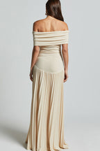 Off Shoulder Dropped Waist Accordion Pleated Maxi Dress