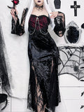 Crushed Velvet Lace Panel Bell Sleeve Chain Cross Sweetheart Maxi Dress