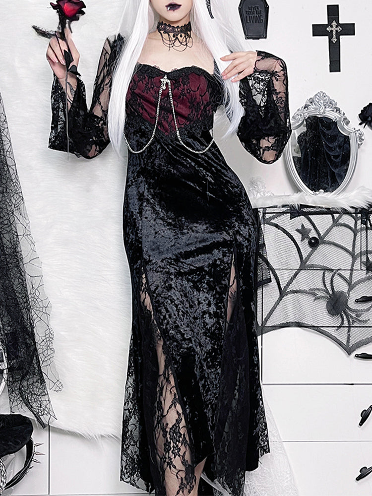 Crushed Velvet Lace Panel Bell Sleeve Chain Cross Sweetheart Maxi Dress