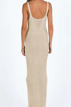 Khaki V Neck Tank Strap Pointelle Panel Rib Knit Maxi Dress