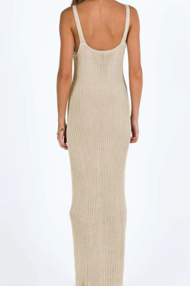 Khaki V Neck Tank Strap Pointelle Panel Rib Knit Maxi Dress