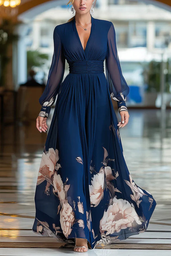 Floral Print Patchwork Mesh Long-sleeved V-neck Fitted Waist Maxi Dress