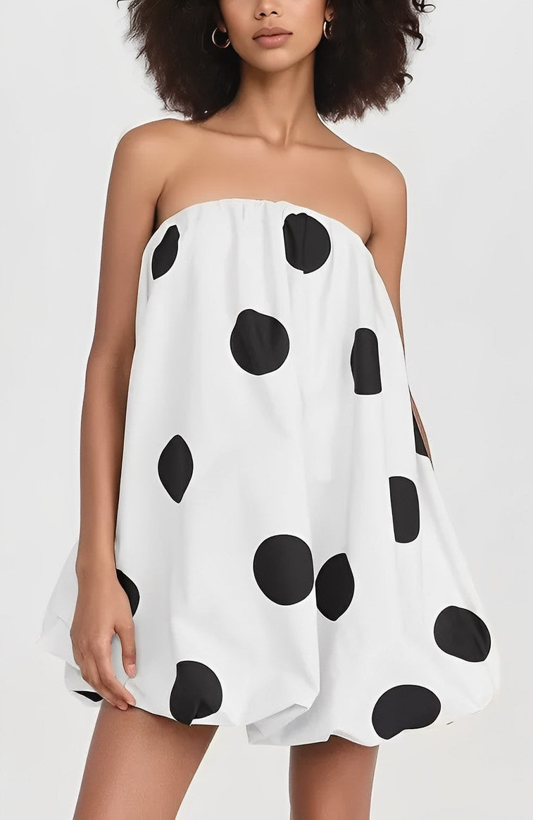 Strapless Bubble Hem Polka Dot Bodycon Mini Dress