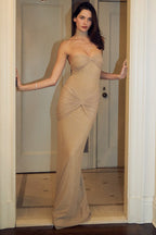 Strapless Sweetheart Lurex Ruched Sunburst Knot Hip Mermaid Maxi Gown