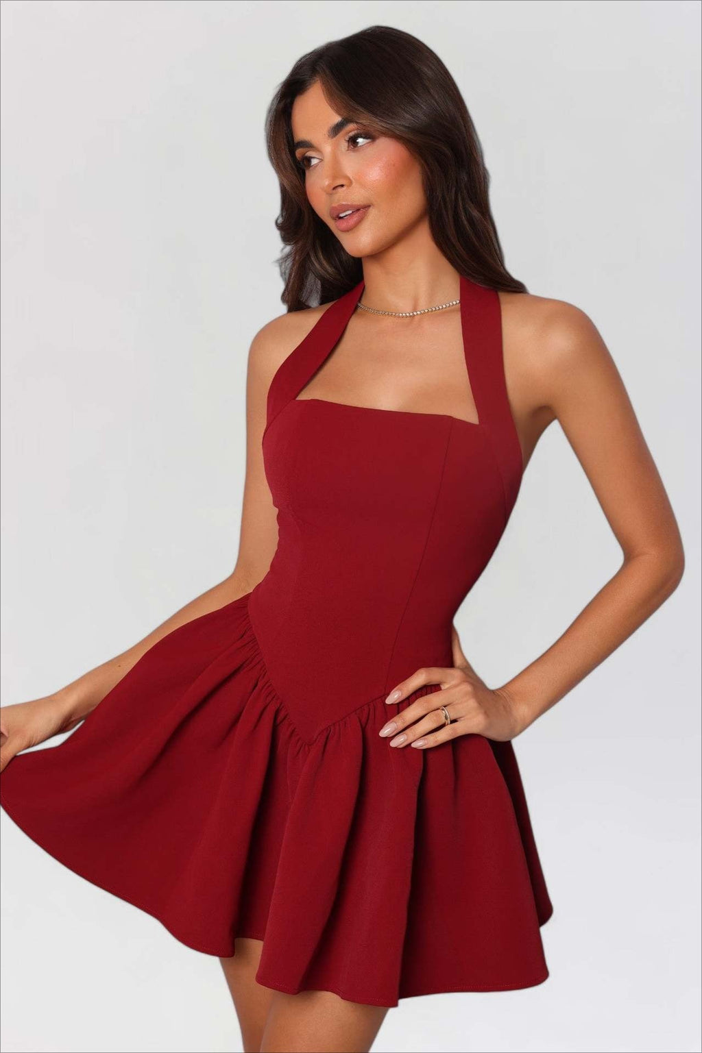 Halter Neck Square Neckline Fit and Flare Structured Mini Dress