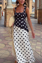 Andrea Contrast Polka Dot Print Square Neck Sleeveless Maxi Dress
