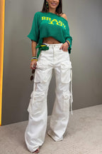 World Cup Letter Jacquard Loose-fitting Sloping Shoulders Cropped Knit Top