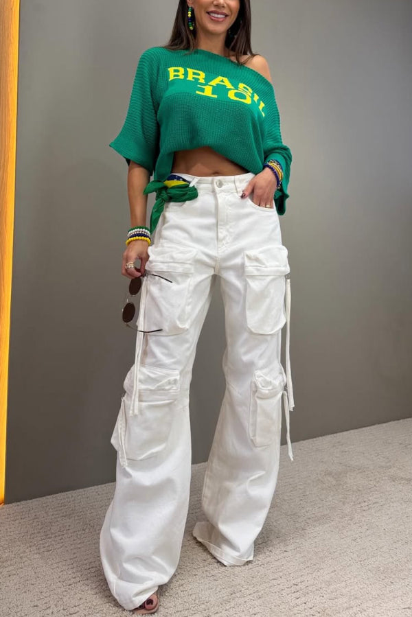 World Cup Letter Jacquard Loose-fitting Sloping Shoulders Cropped Knit Top