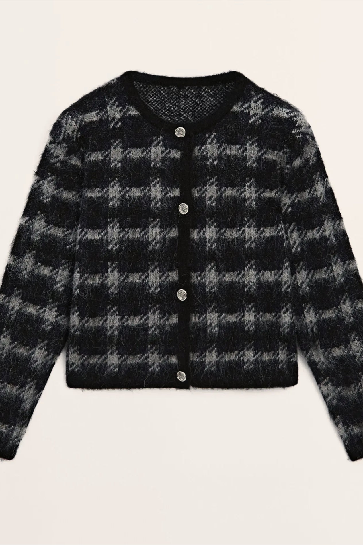 Casual Gray Plaid Knit Cardigan