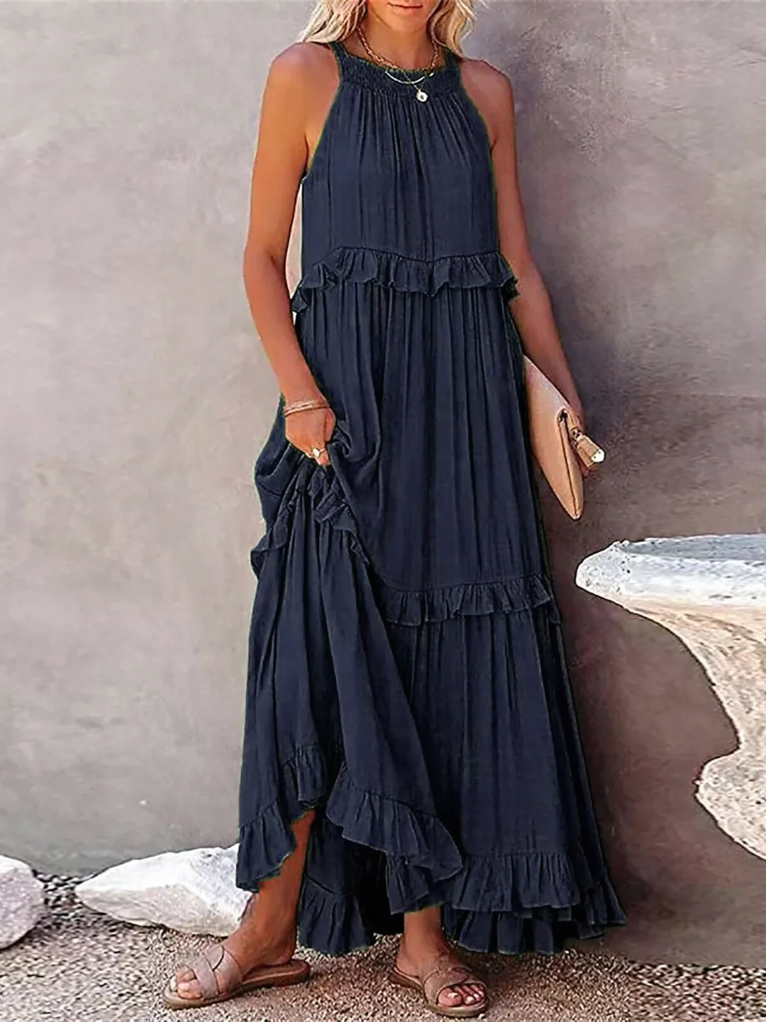 High Neck Smocked Halter Sleeveless Tiered Ruffle Maxi Dress
