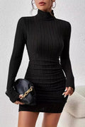 Ribbed Knit Turtleneck Ruched Tiered Bodycon Mini Sweater Dress