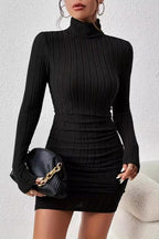 Ribbed Knit Turtleneck Ruched Tiered Bodycon Mini Sweater Dress