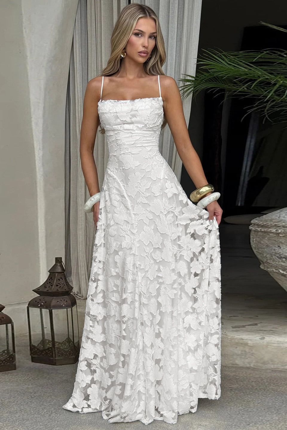 Floral Lace Spaghetti Strap Open Back Tiered Maxi Dress