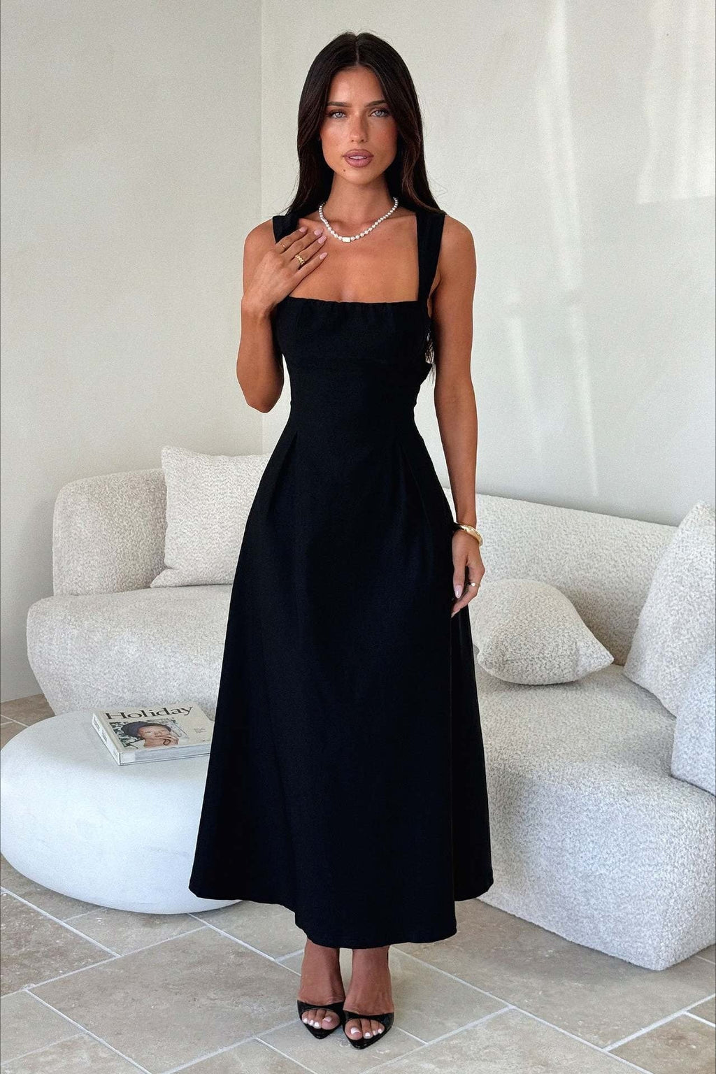 Square Neck Gathered Bust Wide Strap Pleated Pocket Midi Dress