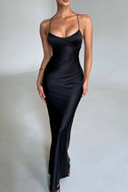 Satin Spaghetti Strap Scoop Neck Bodycon Maxi Slip Dress