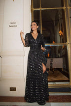 Polka Dot Metallic Deep V-Neck Puff Sleeve Tie Waist Tiered Maxi Dress