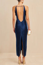 Metallic Pleated Fringe Halter Neck Backless Slit Maxi Gown