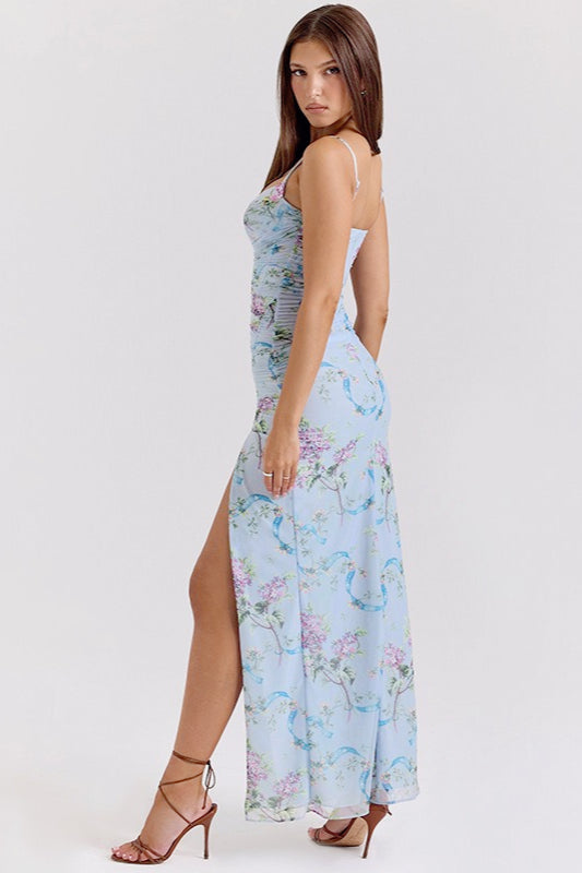 Floral Print Mesh Ruched Square Neck Spaghetti Strap High Split Maxi Dress