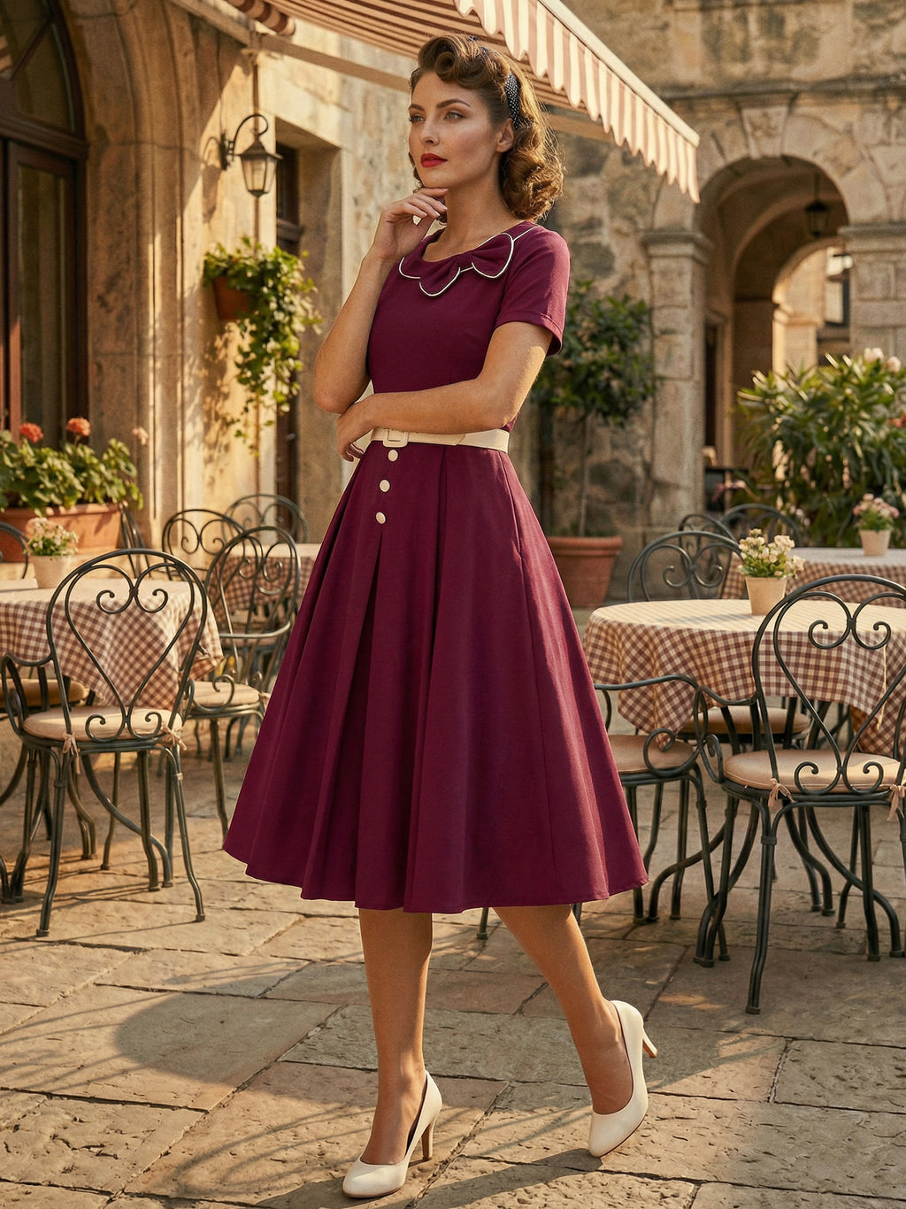 Contrast Piping Bow Neck Button Decor Pleated A Line Swing Dress For Women 2026