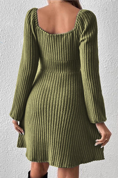 Blue Zone Planet | Ribbed Tied Square Neck Long Sleeve Mini Dress