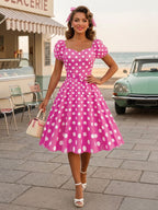 Retro Glamour Dress Sweetheart Neck Puff Sleeves Polka Dots Casual Long Dresses